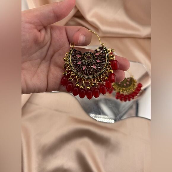 Boho Statement Earrings – Red & Gold - Picture 4 of 4